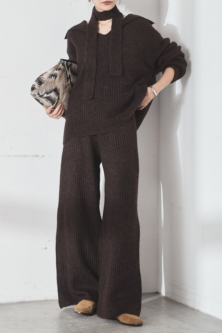 【即納】[SET]紐付きリブニットポロトップスSETUP