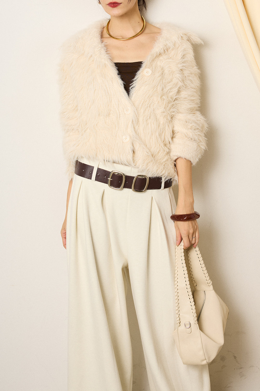 [SET]襟付きシャギーニットカーディガン+フェイクレザー太ベルト付きタックワイドパンツ(2set)