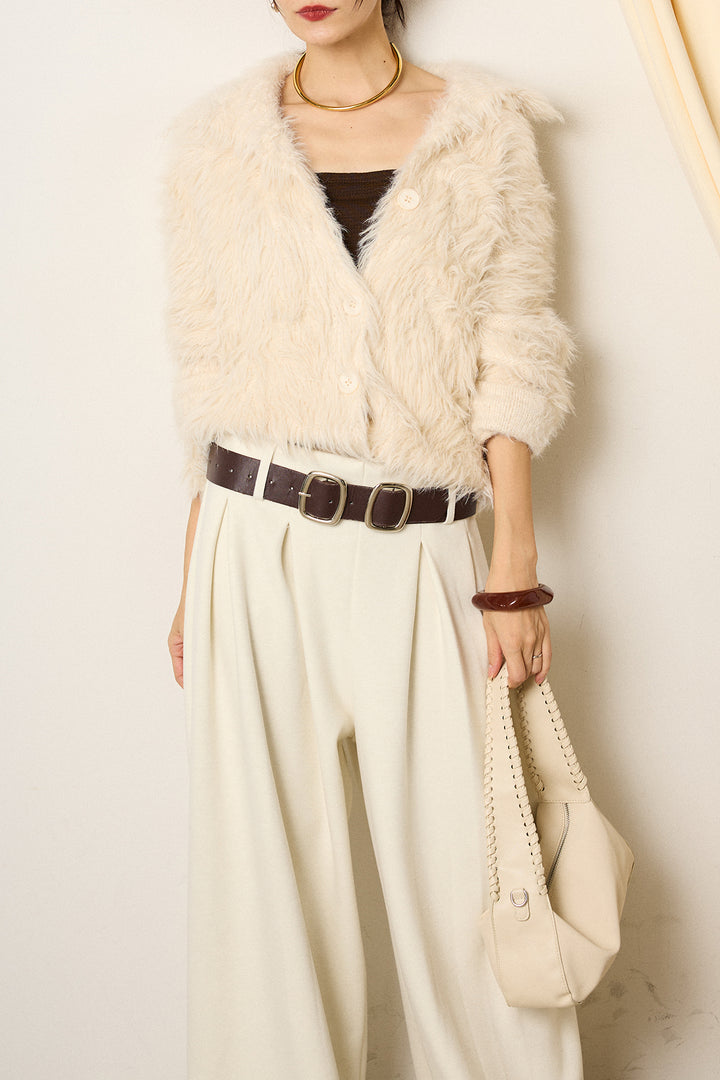 [SET]襟付きシャギーニットカーディガン+フェイクレザー太ベルト付きタックワイドパンツ(2set)