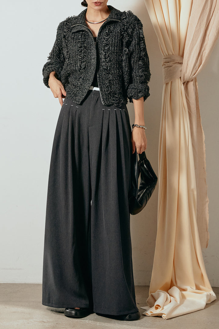 [SET]ハイネックフリンジジップニットトップス+ウエストステッチデザインワイドスラックス(2set)