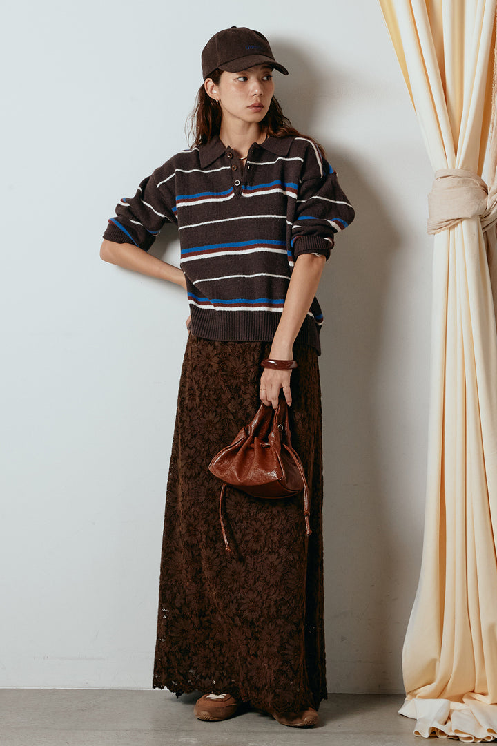 [SET]襟付きマルチボーダーニットポロトップス+花柄刺繍ベロアフレアスカート(2set)