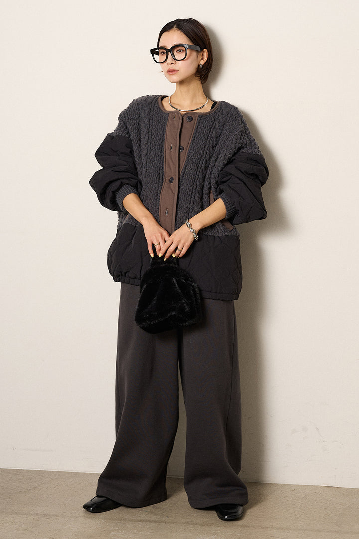[SET]アラン編みニットノーカラー裾キルティングブルゾン+裏起毛スウェットワイドパンツ(2set)
