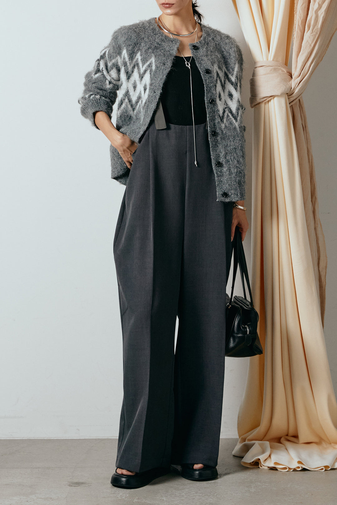 [SET]起毛ノルディック柄ニットカーディガン+ワイドツイルサロペット(2set)