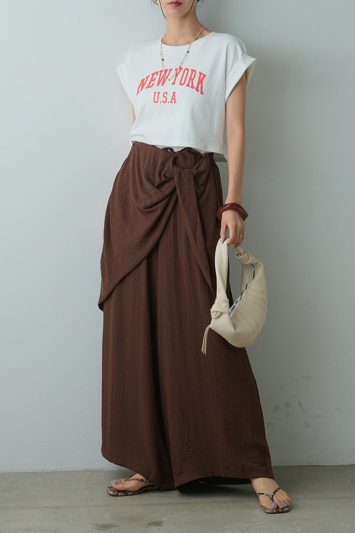 [SET]ショート丈NEWYORKロゴTシャツ+ねじりデザインワイドパンツ(2set)