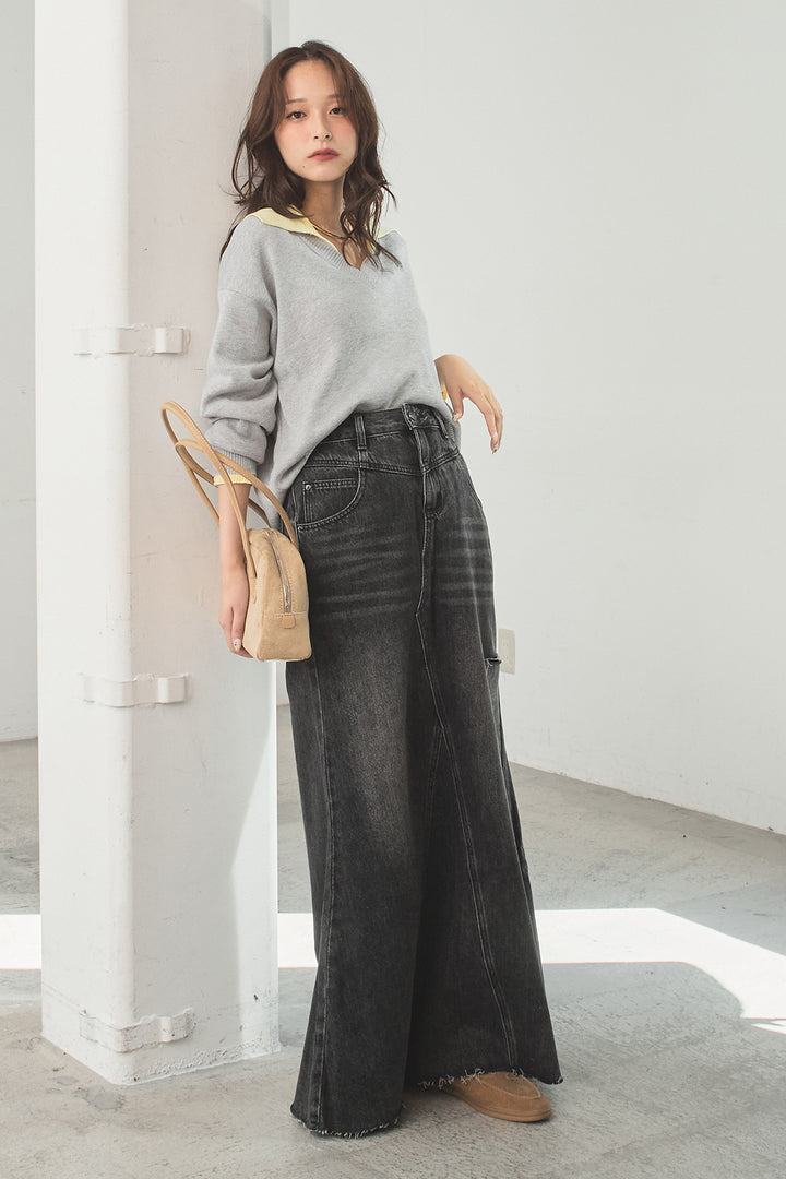 [SET]バイカラーニットレイヤード風プルオーバー+Aラインデニムスカート(2set)