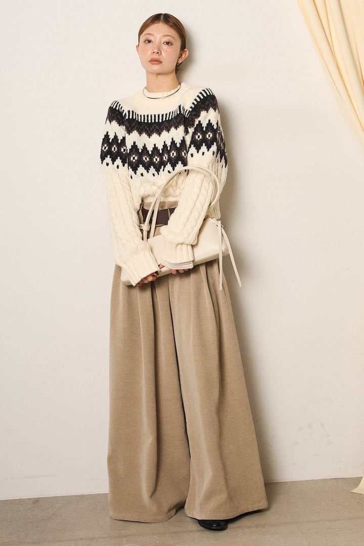 [SET]2WAY求心柄ジャガードショートカーディガン+ベルトループコーデュロイワイドパンツ+2WAY袖コード刺繍クルーネックプルオーバー(3set)