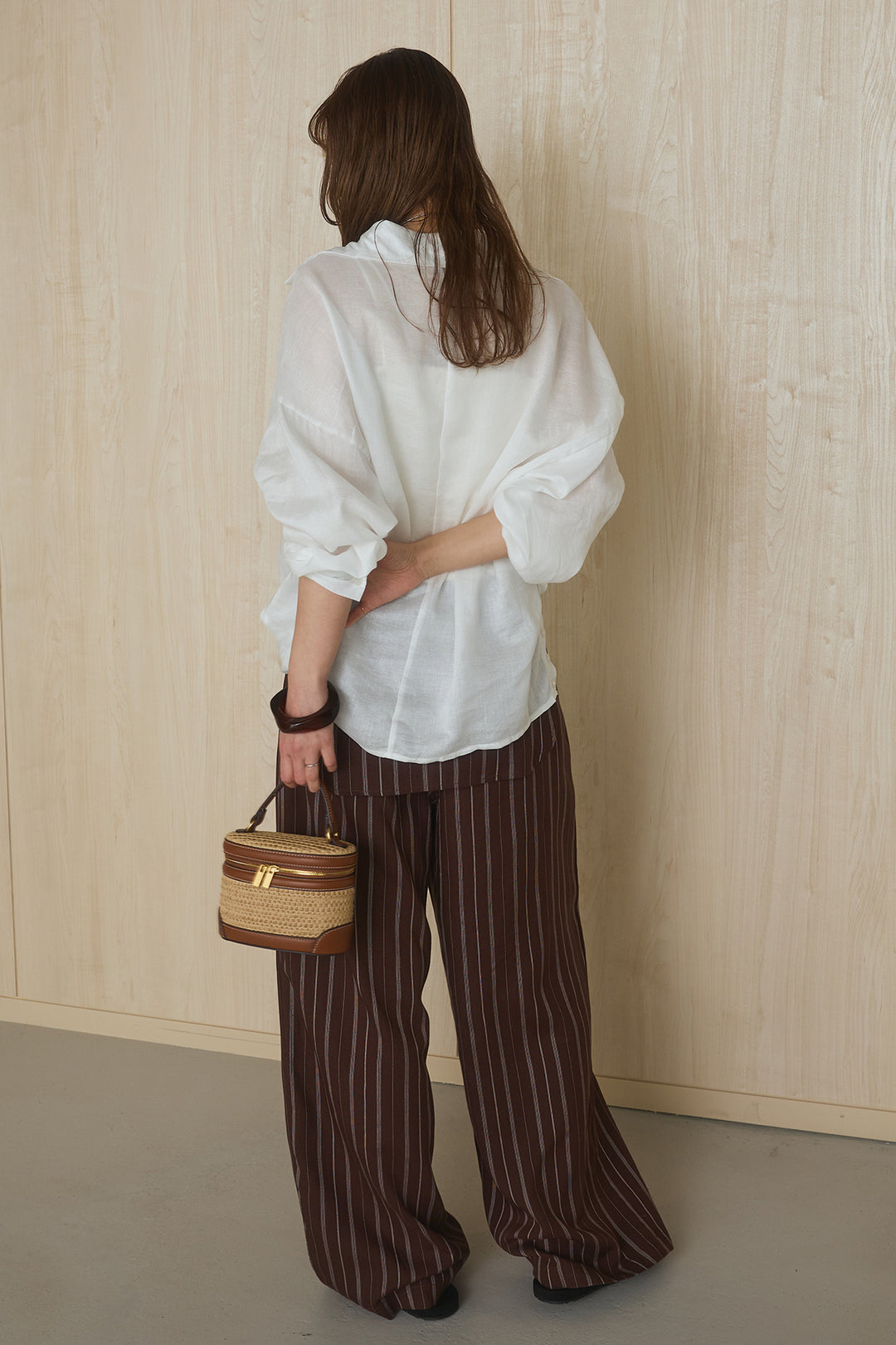 [SET]襟付きボタンブラウス+ウエスト巻きピンストライプパンツ(2set)
