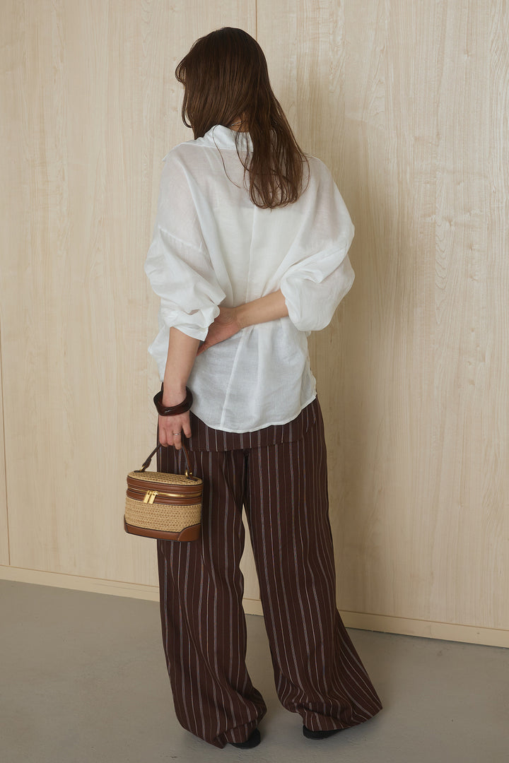 [SET]襟付きボタンブラウス+ウエスト巻きピンストライプパンツ(2set)