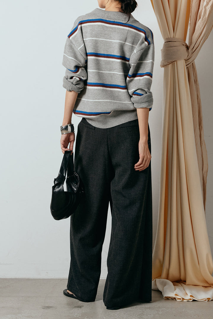 [SET]襟付きマルチボーダーニットポロトップス+ラップ巻きワイドスラックス(2set)