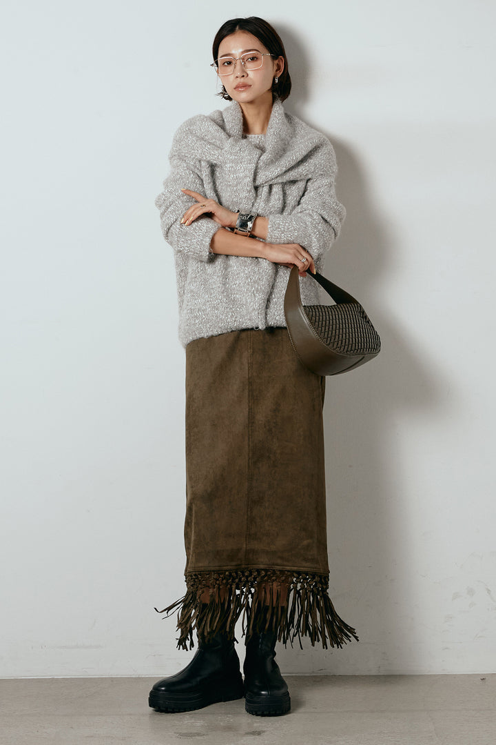 [SET]スカーフ付きミックスニットトップス+スウェードライク裾フリンジスカート(2set)