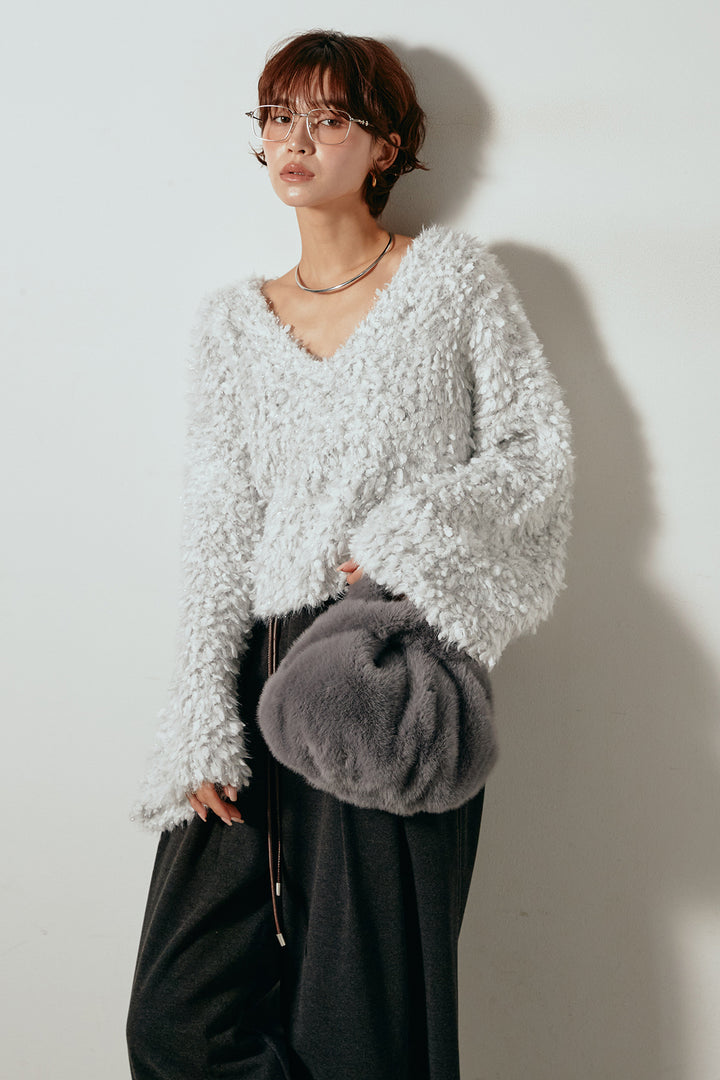 [SET]深Vネックチョウチョヤーンニットトップス+細フェイクレザーベルト付きワイドタックパンツ(2set)