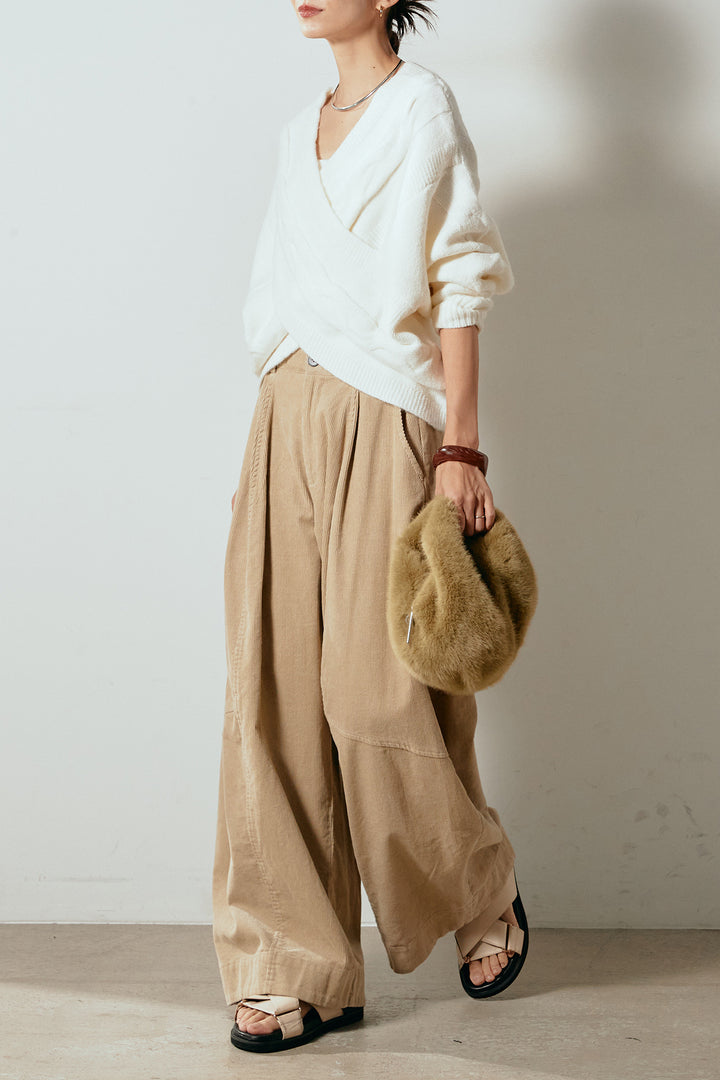 [SET]ケーブルカシュクールニットトップス+タック入りコーデュロイワイドパンツ(2set)