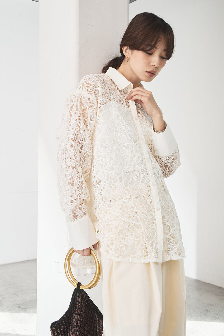 [SET]刺繍レースオーバーサイズシャツ+合繊ツイルパイピングタックカーブパンツ(2set)