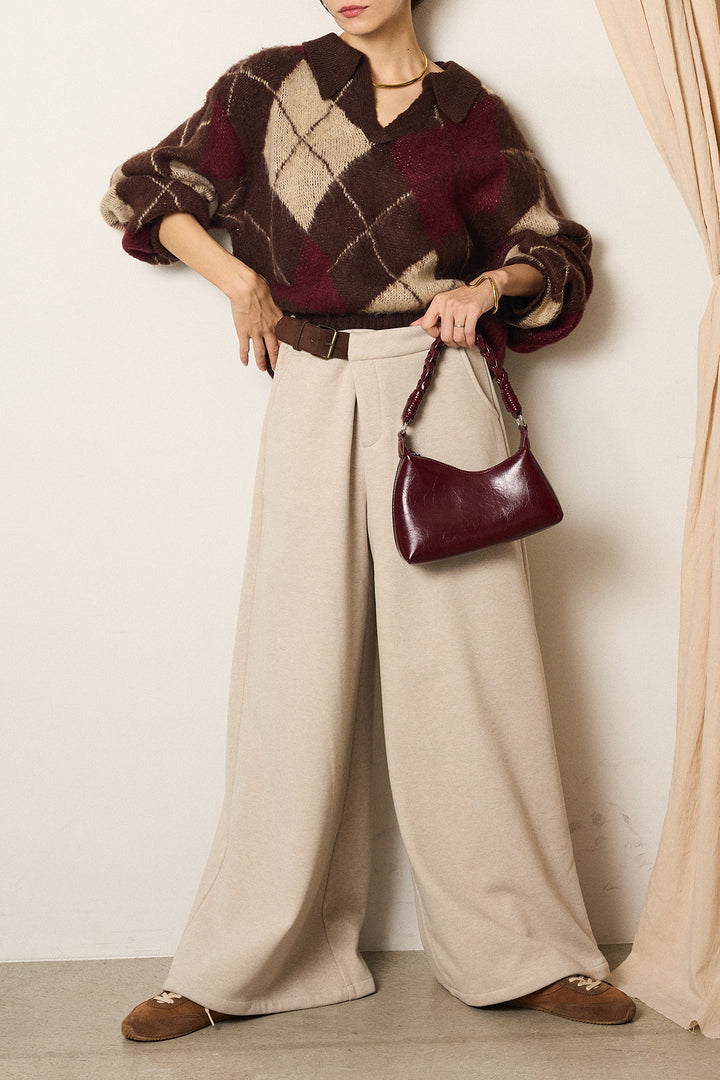 [SET]アクリルモヘアアーガイルキーネックプルオーバー+サイドベルトパンツ(2set)