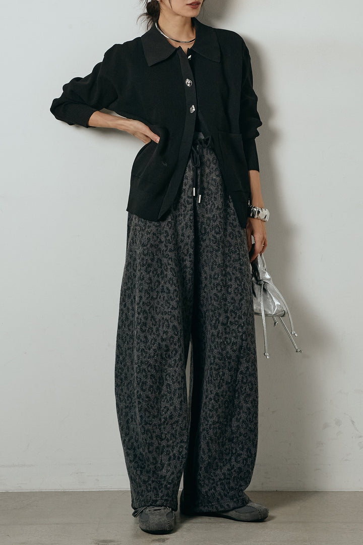 [SET]メタル釦衿付きニットカーディガン+リラックスレオパード柄ワイドパンツ(2set)