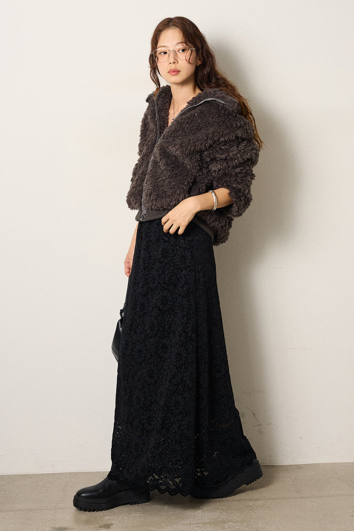 [SET]スタンドカラー裾リブボアブルゾン+花柄刺繍ベロアフレアスカート(2set)