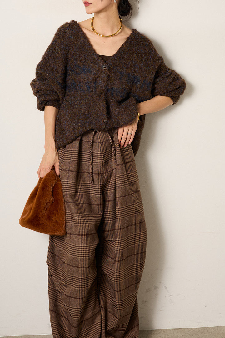 [SET]ウール混透かしロゴニットカーディガン+グレンチェックルーズタックパンツ(2set)