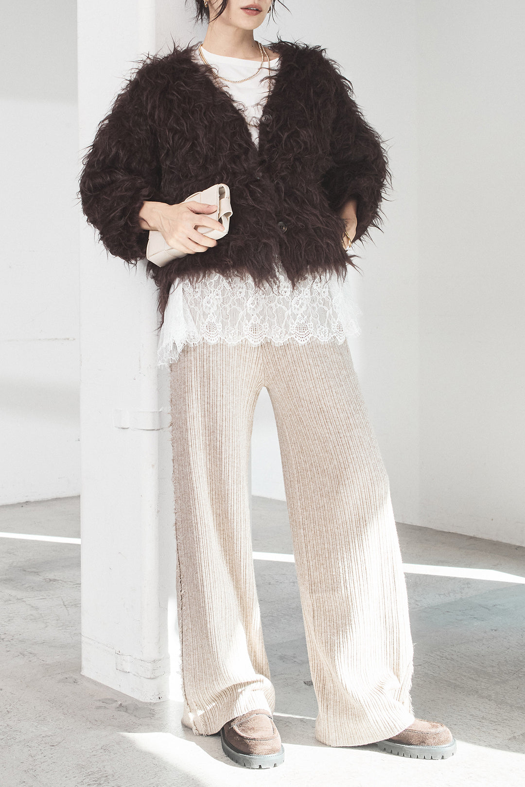 [SET]起毛オーバーニットカーディガン+裾レースロングスリーブTシャツ(2set)