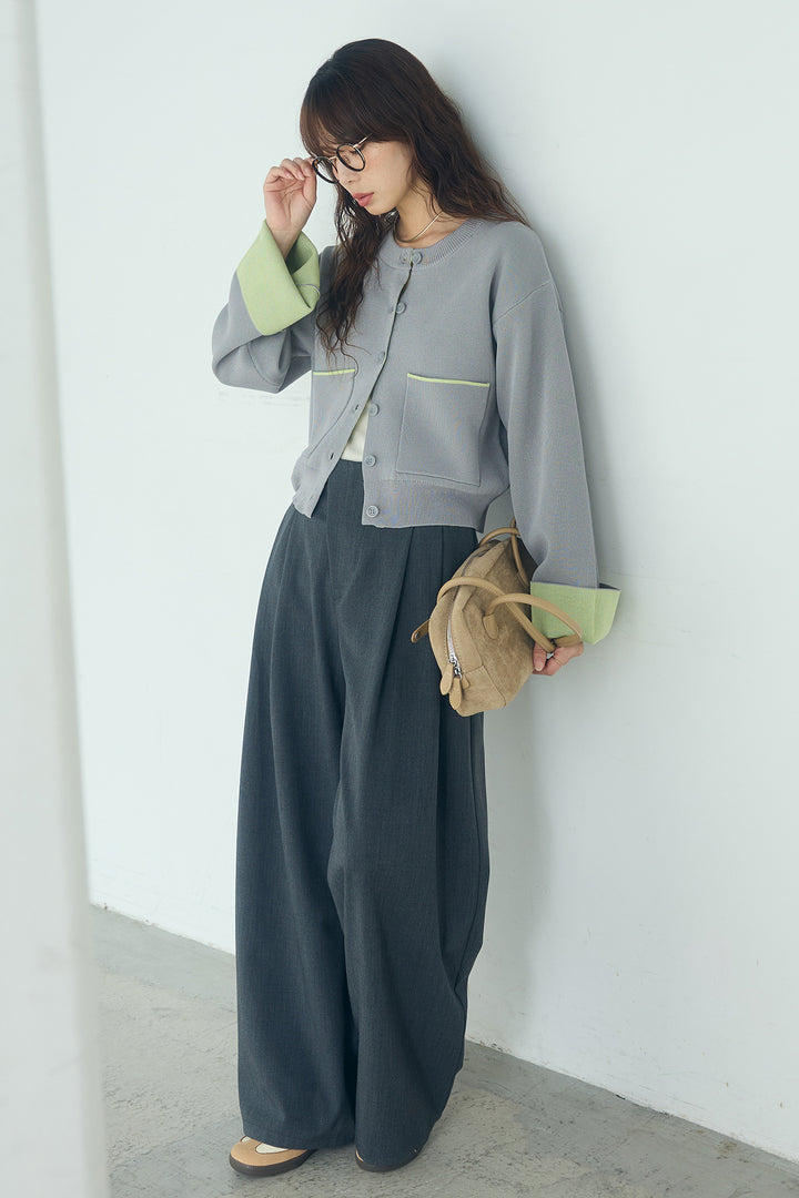 [SET]レーヨンポリダブルフェイスカーディガン+サイドベルトタック入りスラックス(2set)