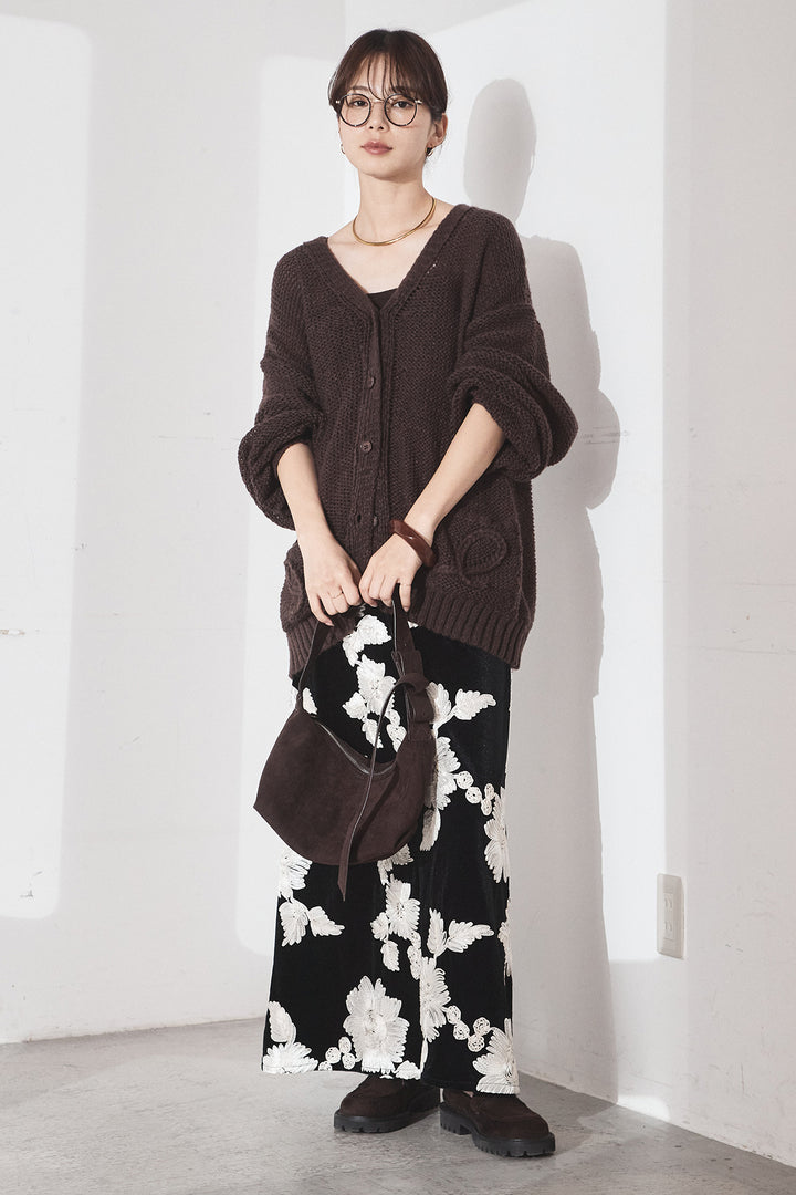 [SET]コード刺繍リラックスニットカーディガン+フラワー刺繍ワイドスカート(2set)