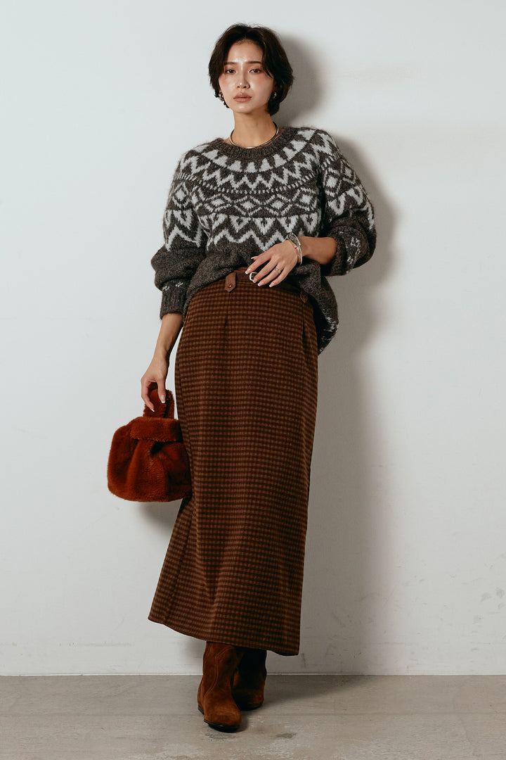 [SET]ノルディック柄Uネックプルオーバー+スエード調ベルト付きチェックナロースカート(2set)