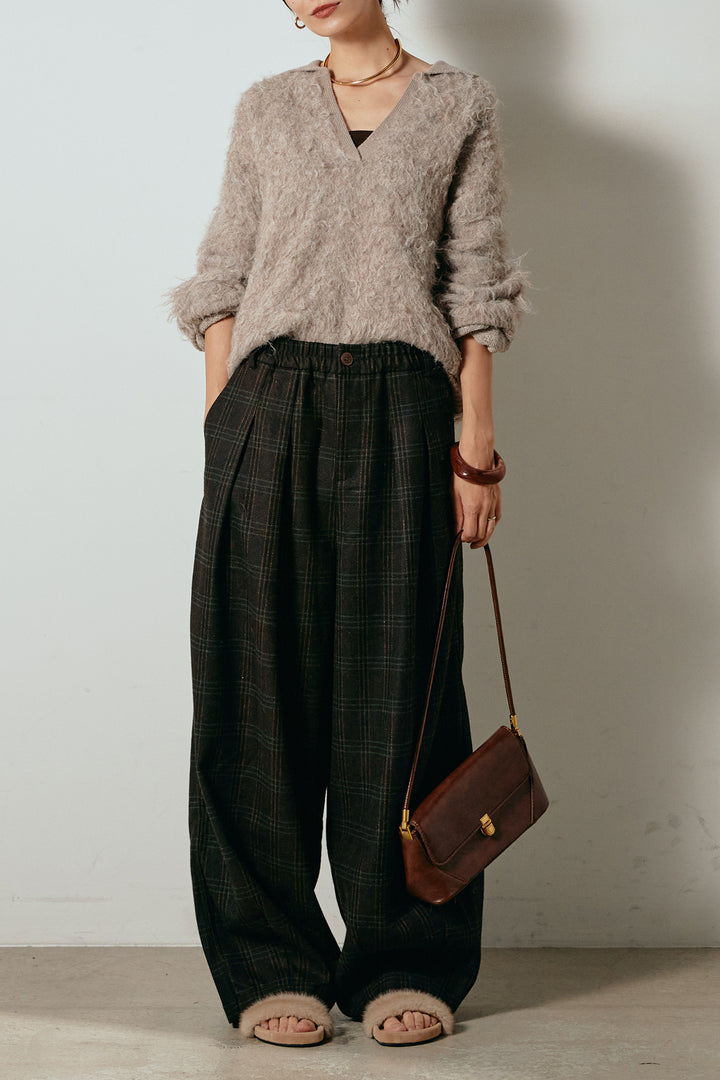 [SET]襟付きシャギーニットポロトップス+タータンチェック柄タックパンツ(2set)