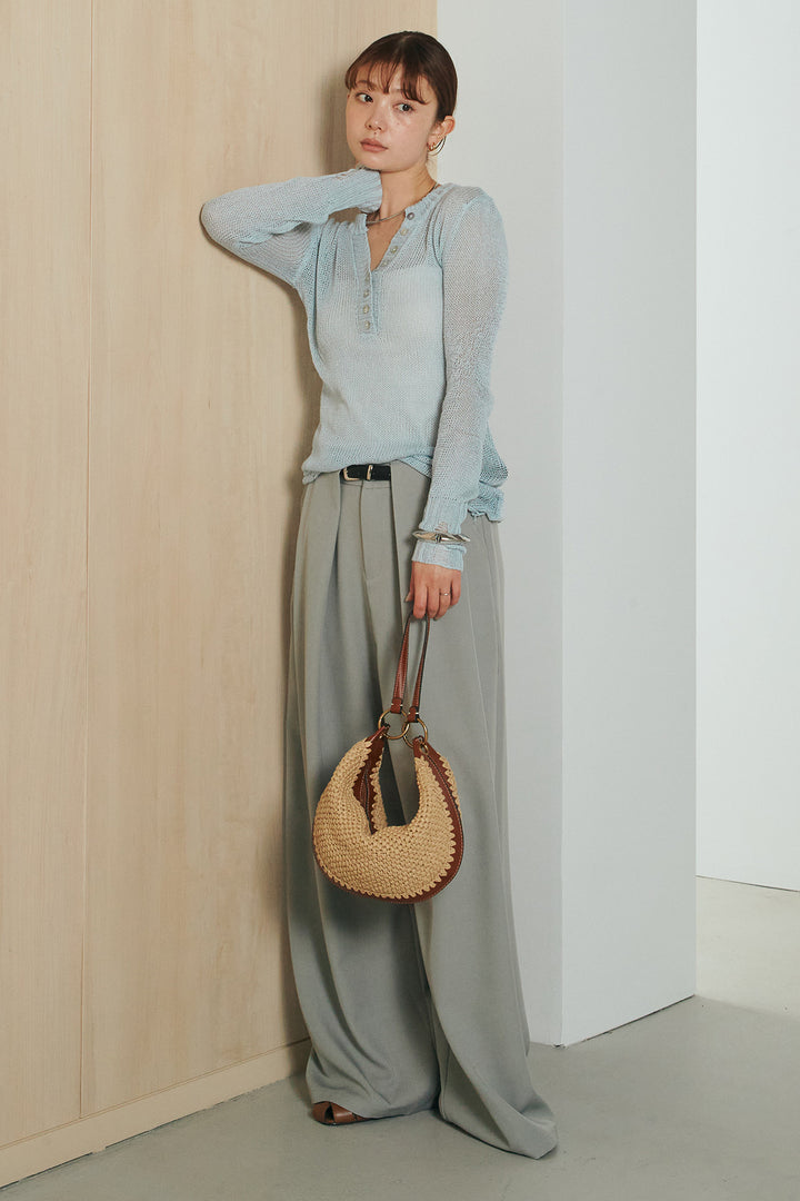 [SET]ヘンリーネックダメージニットプルオーバー+ビックベルトループタックベルト付きワイドパンツ(2set)