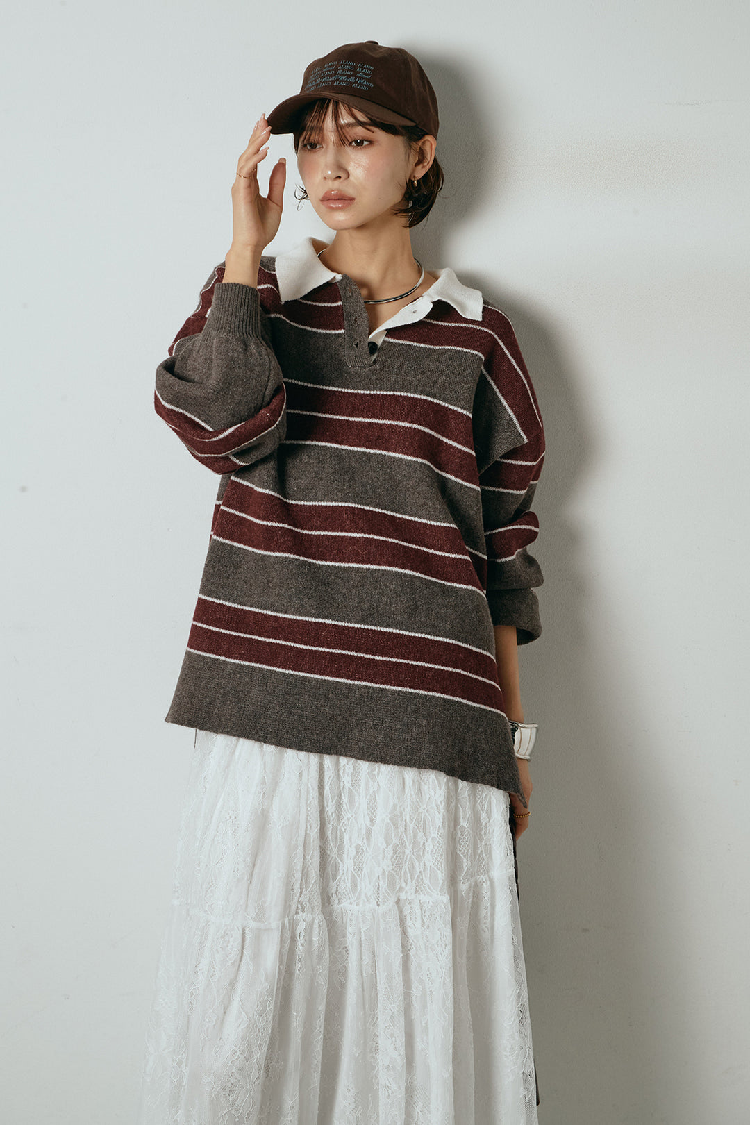 [SET]ラガーニットボーダーポロプルオーバー+ひげレース切替ロング丈スカート(2set)