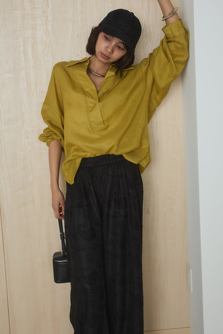 [SET]襟付きボタンブラウス+レースタックストレートワイドパンツ(2set)