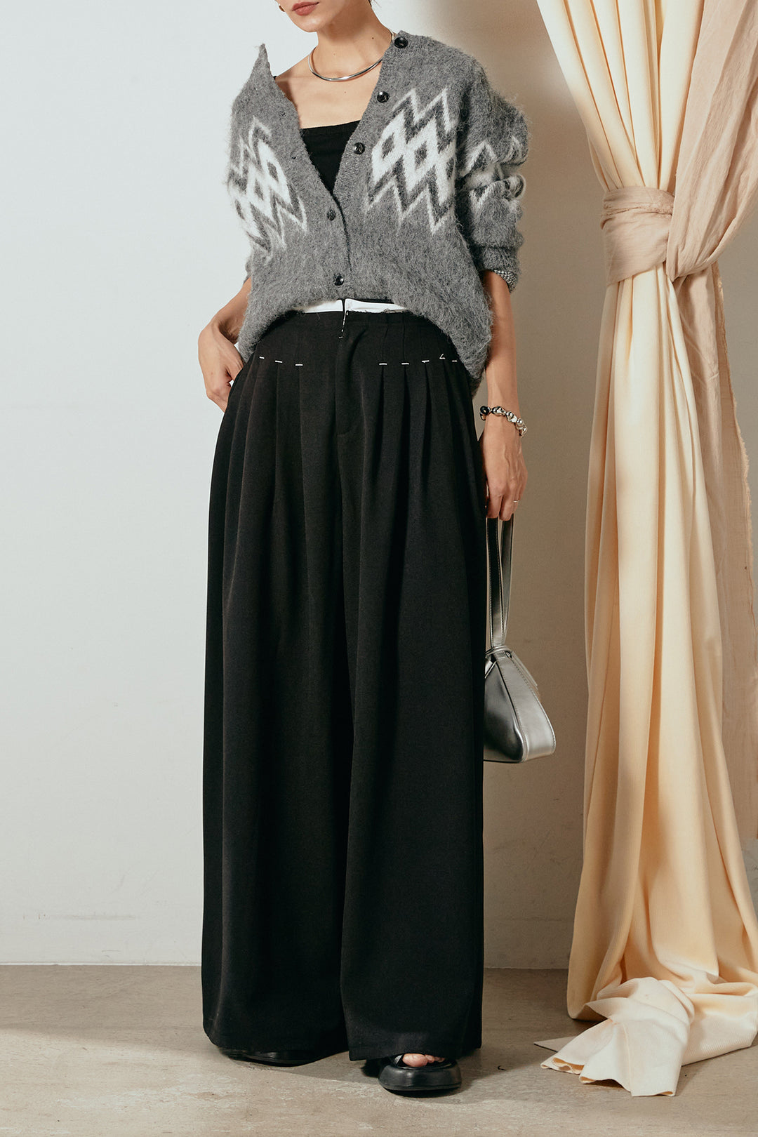 [SET]起毛ノルディック柄ニットカーディガン+ウエストステッチデザインワイドスラックス(2set)