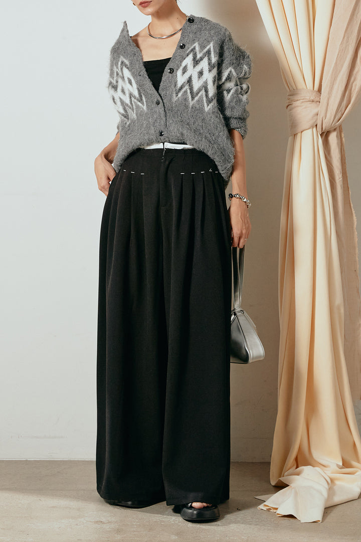 [SET]起毛ノルディック柄ニットカーディガン+ウエストステッチデザインワイドスラックス(2set)
