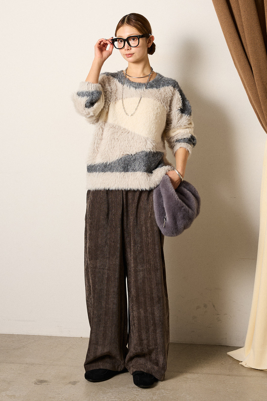 [SET]シャギーウェーブ柄クルーネックニットトップス+かすれデザインワイドパンツ(2set)