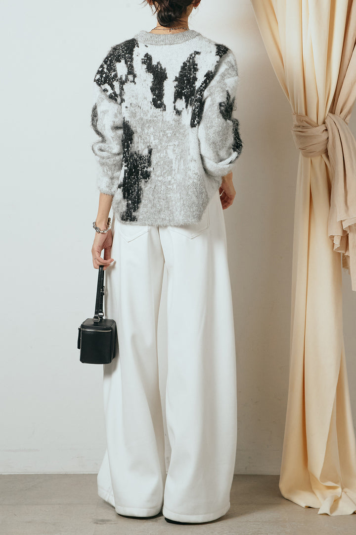 [SET]起毛ニュアンス柄ニットプルオーバー+ファーベルト付きワイドパンツ(2set)