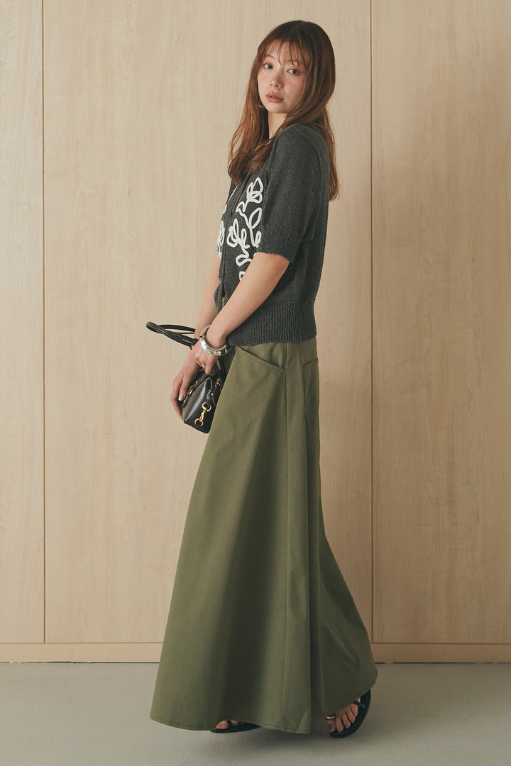 [SET]フロントテープデザイン半袖カーディガン+ミリタリーツイルタックフレアスカート(2set)