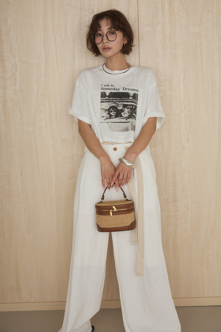 [SET]グラフィックサムデイワイドクロップドT+異素材ベルト付きラップ風ニュアンスワイドパンツ(2set)