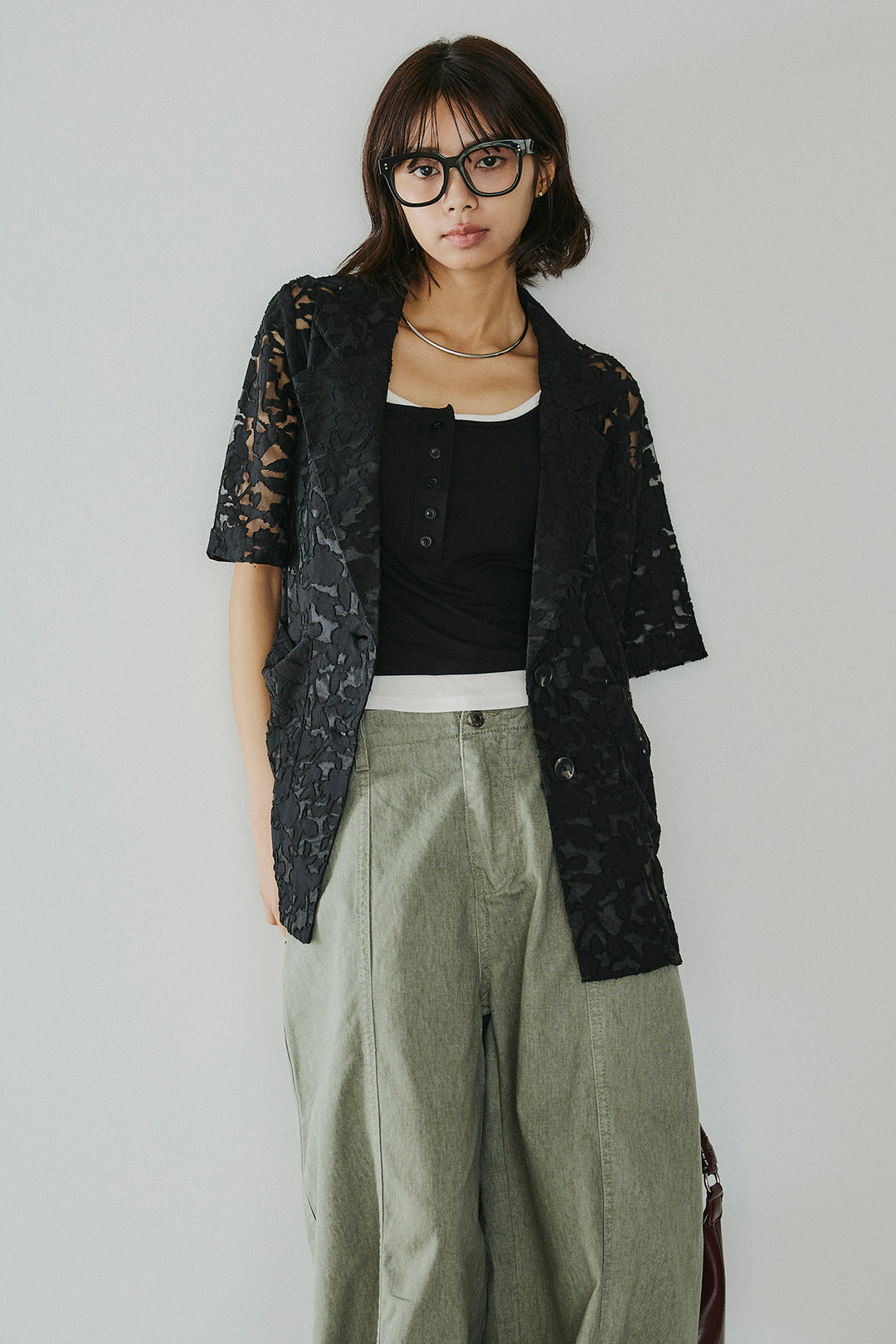 [SET]シアージャガードハーフスリーブテーラードジャケット+配色ヘンリーネックタンクトップ(2set)