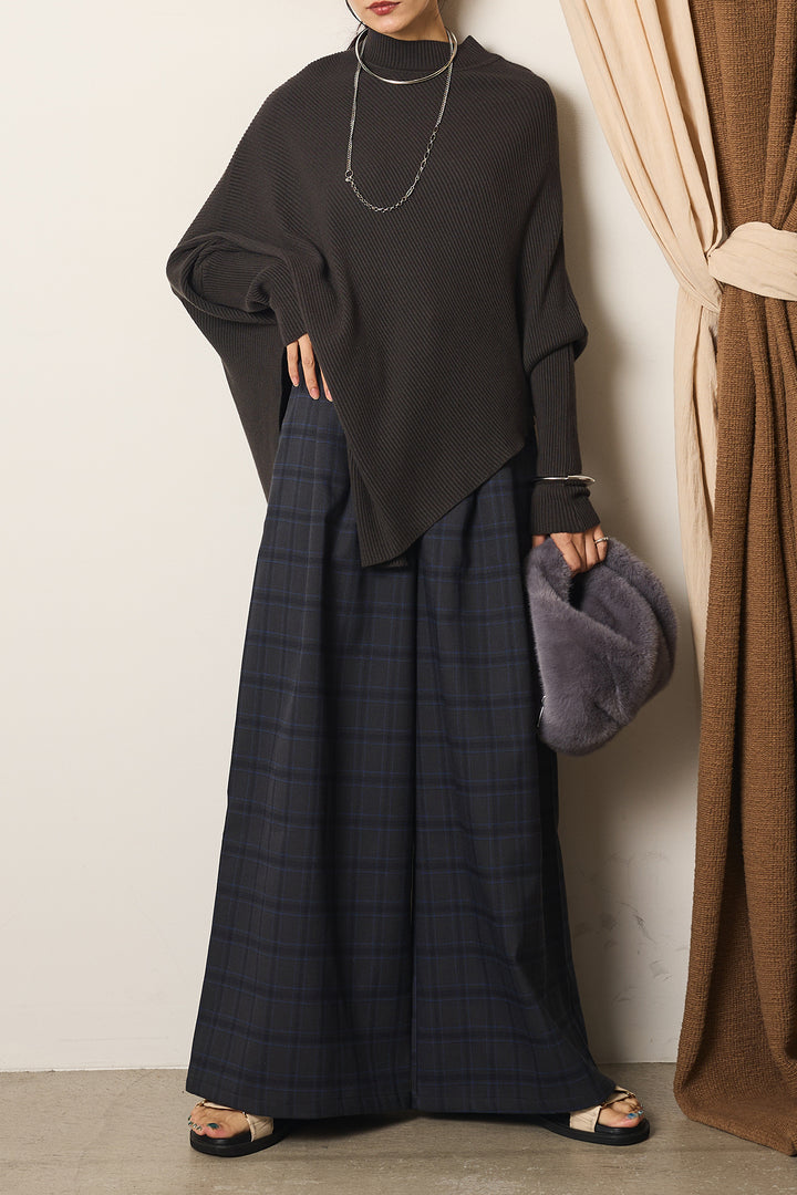[SET]裾アシメデザインニットトップス+タータンチェック柄くすみワイドパンツ(2set)