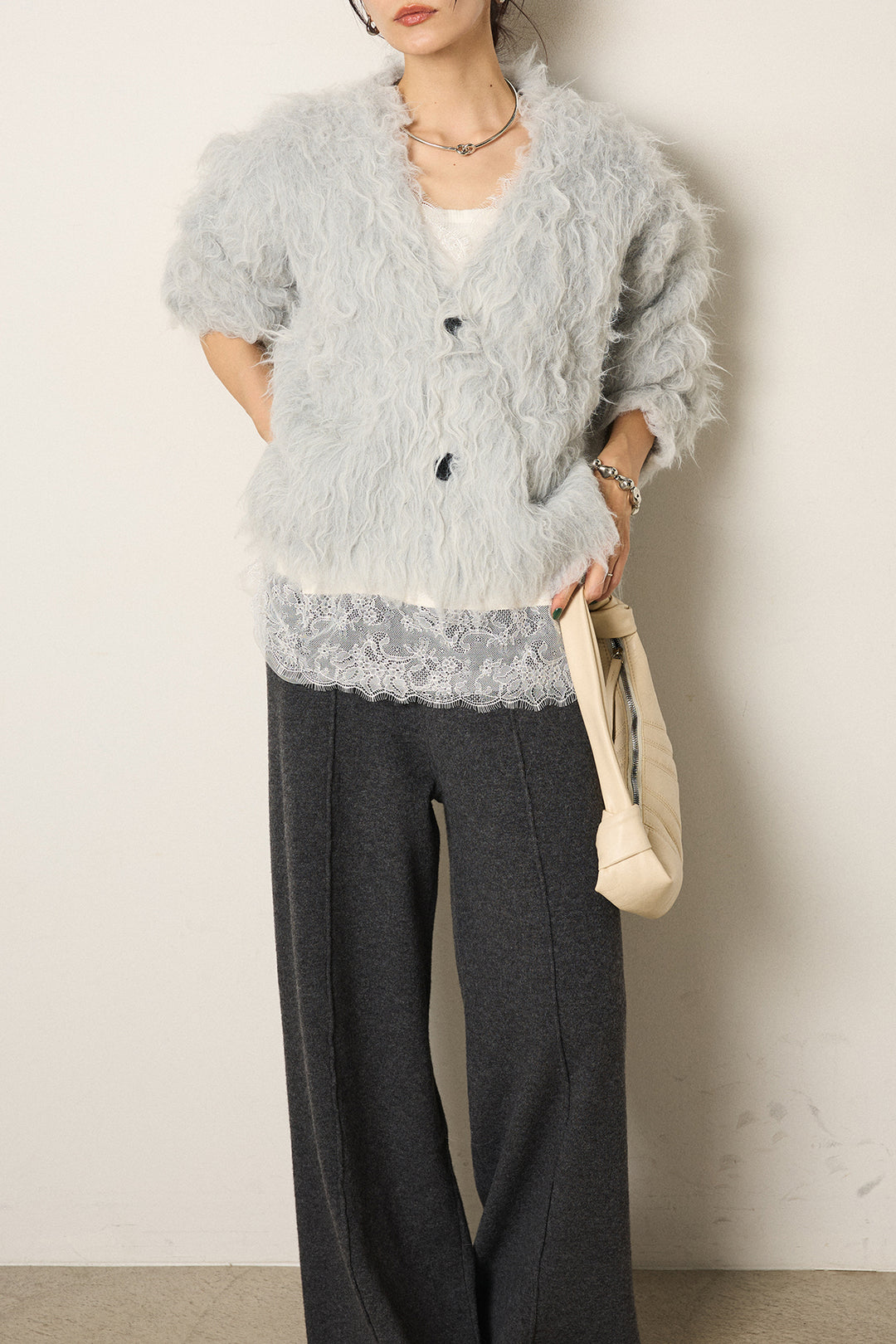 [SET]起毛シャギーニットカーディガン+センターラインニットパンツ(2set)