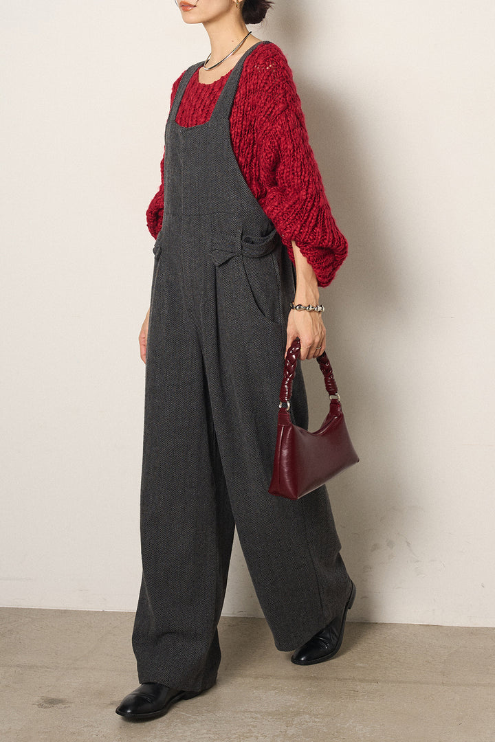 [SET]チャンキースラブニットクロップドプルオーバー+クラシックヘリンボーンサロペット(2set)