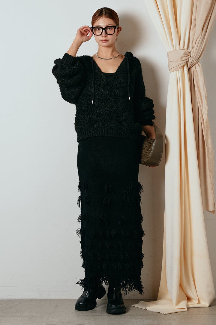 [SET]ブークレキーネックプルオーバー+ポイントフリンジニットナロースカート(2set)