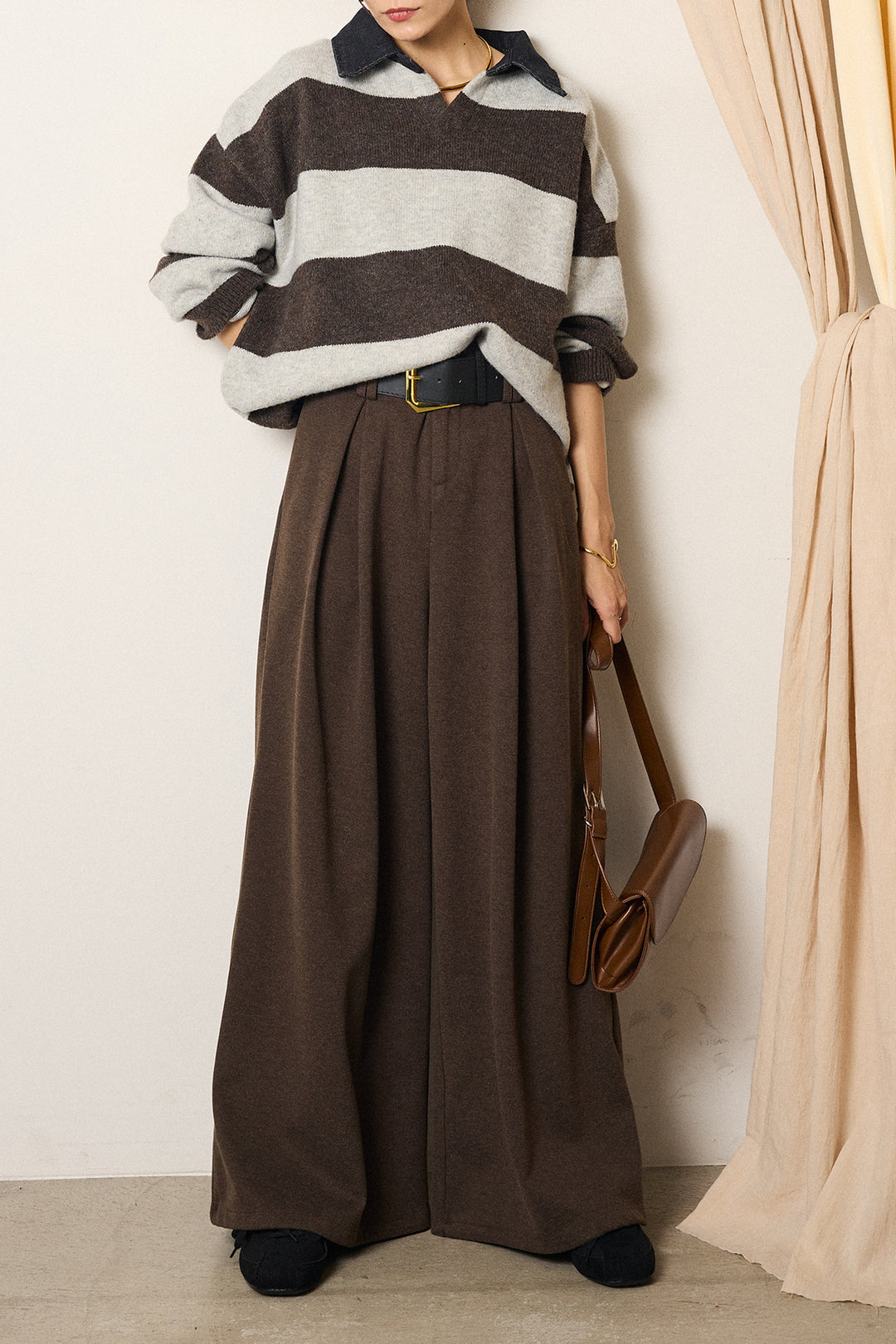 [SET]デニムカラーボーダールーズニット+ゴールドバックル太ベルト付きワイドパンツ(2set)