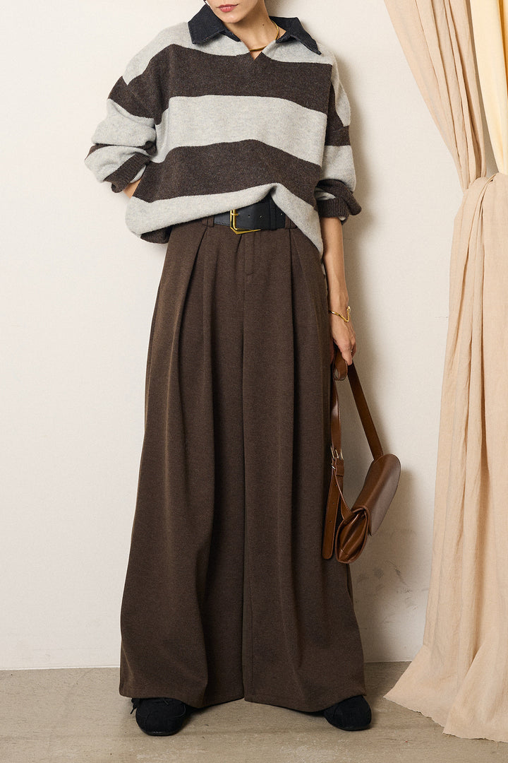 [SET]デニムカラーボーダールーズニット+ゴールドバックル太ベルト付きワイドパンツ(2set)