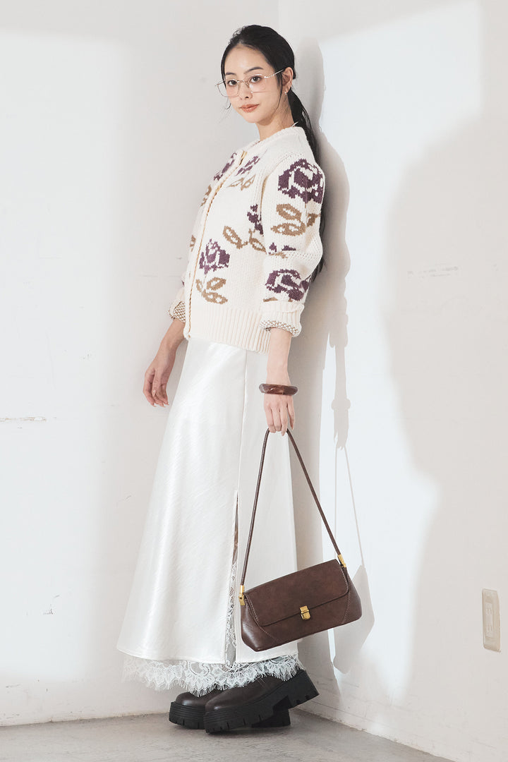 [SET]花柄ジャガードニットカーディガン+裾レースデザインサテンスカート(2set)