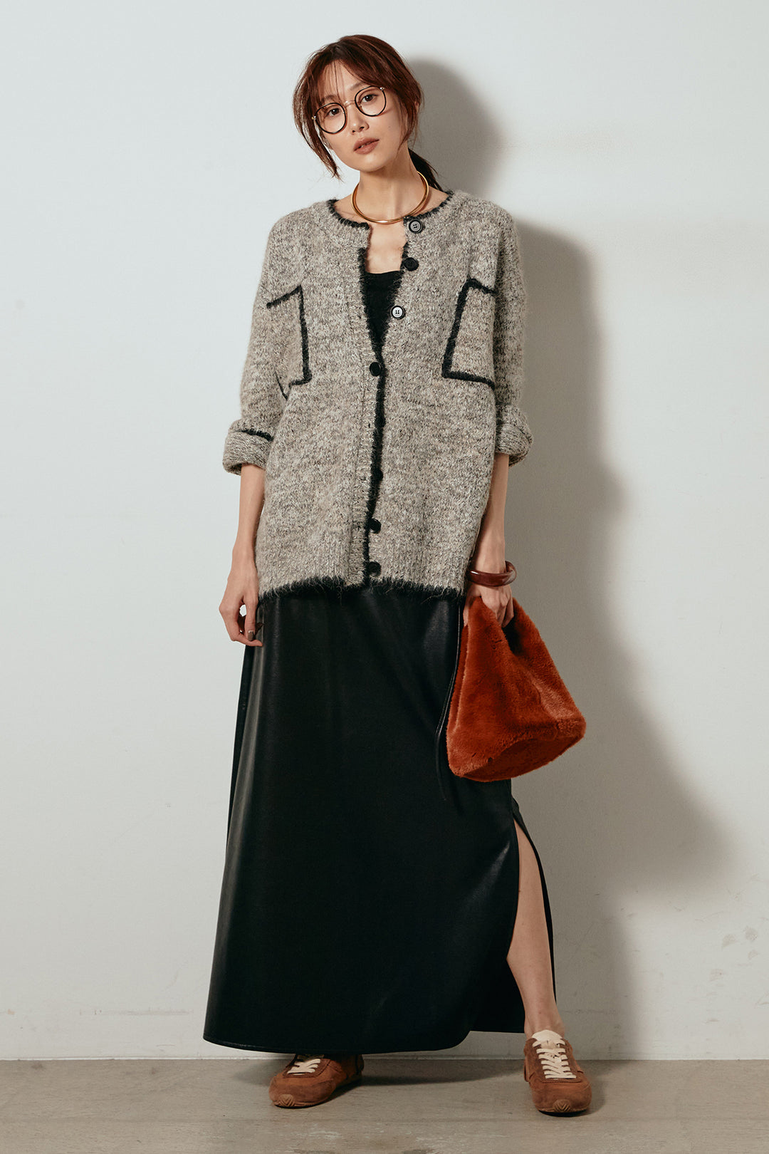 [SET]ミックスニットポケットカーディガン+紐付きフェイクレザーワイドスカート(2set)