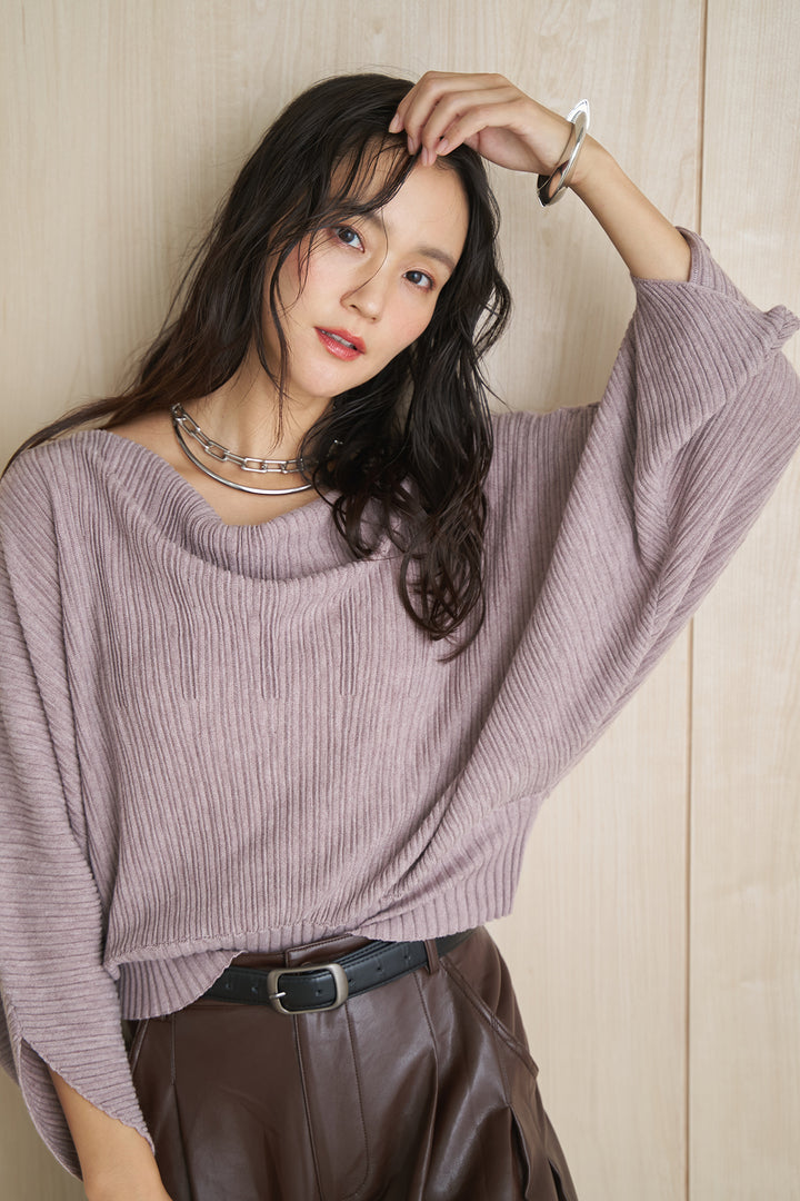 [SET]ドルマンスリーブクロップドリブニット+レザーライクタックワイドパンツ(2set)