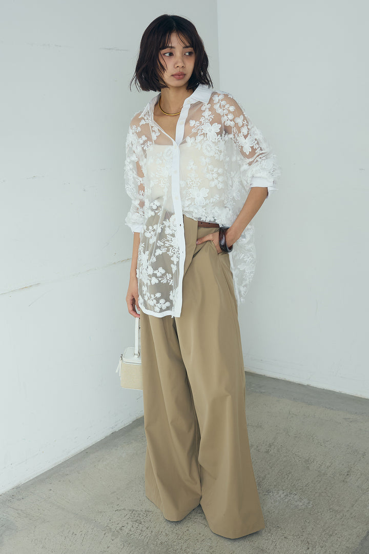 [SET]立体フラワー刺繍レースシャツ+ベルトループデザインハイウエストタックパンツ(2set)