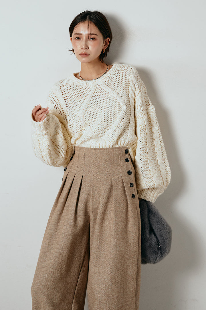 [SET]ロービングケーブルショート丈プルオーバー+サイドボタンツイードタックパンツ(2set)