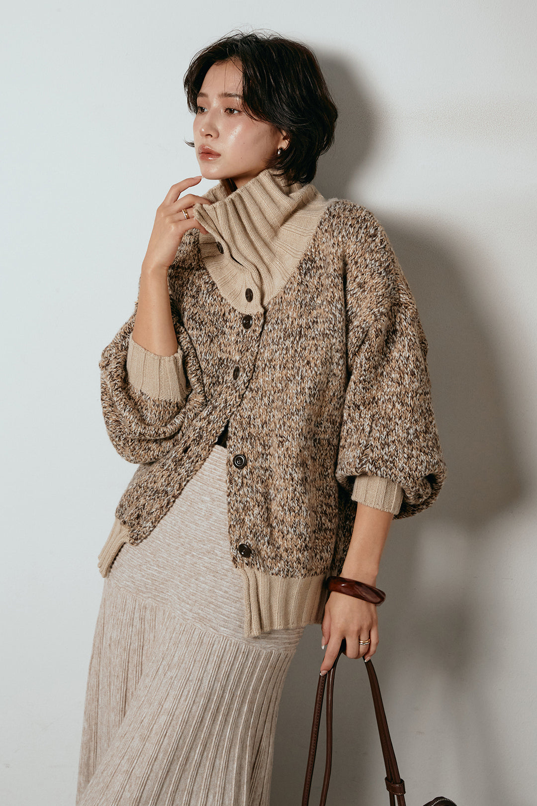 [SET]ハイネックミックスニットカーディガン+編み地切り替えフレアニットスカート(2set)