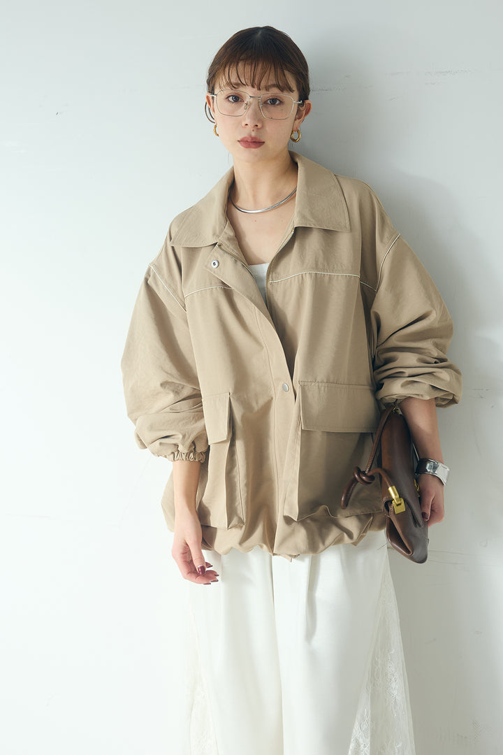 [SET]合繊ツイルバルーンジャケット+サテンレース切り替えタックパンツ(2set)