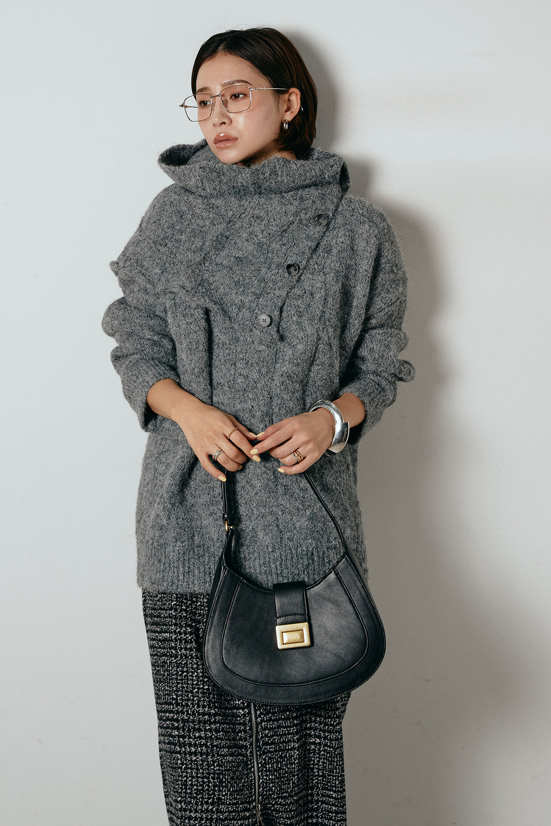 [SET]ケープデザインケーブルニットトップス+グレンチェック柄フロントジップタイトスカート(2set)